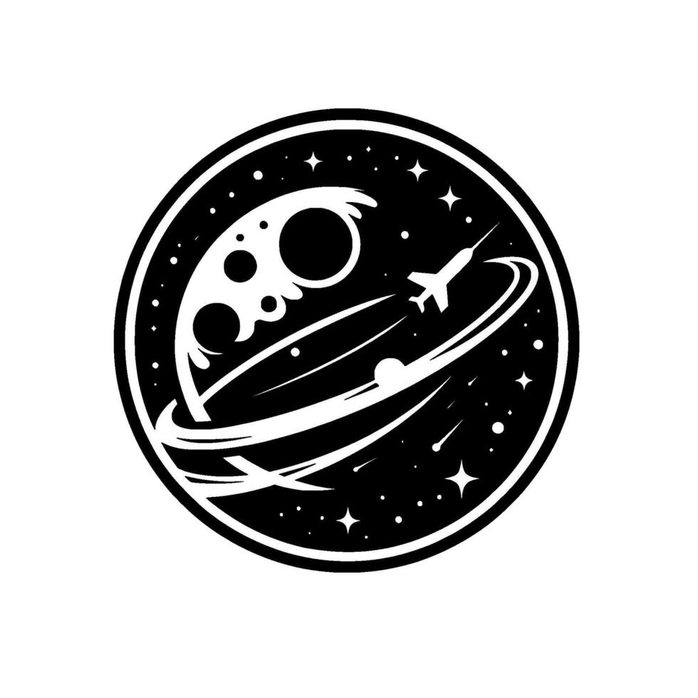 A minimalist blackandwhite space emblem a planet with rings and cratered surface, a rocket ship in flight among stars and comets within a circular frame. vector