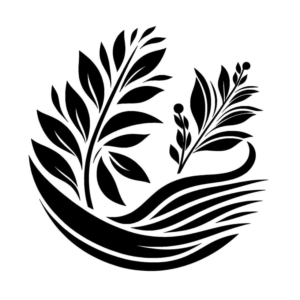 A stylized, symmetrical, black and white botanical illustration featuring leafy branches emerging from a curved, wavelike base, within a circular frame. vector
