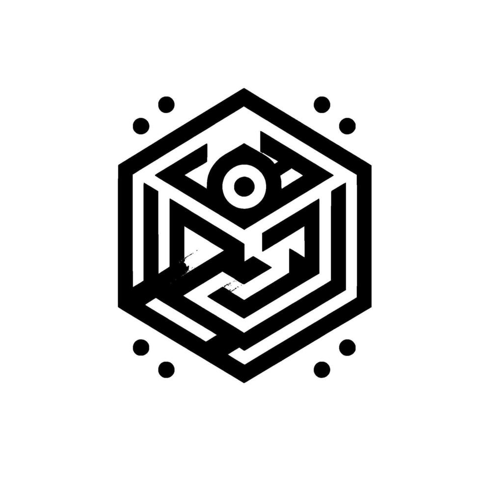Geometric Hexagon with Eye, Mazelike Internal Structure, Transparent Overlays, and Floating Dots, Black White . vector