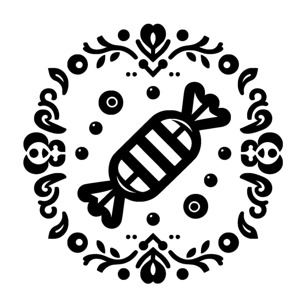 Stylized monochrome candy illustration set within a decorative circular floral frame, featuring abstract patterns and minimalist . vector