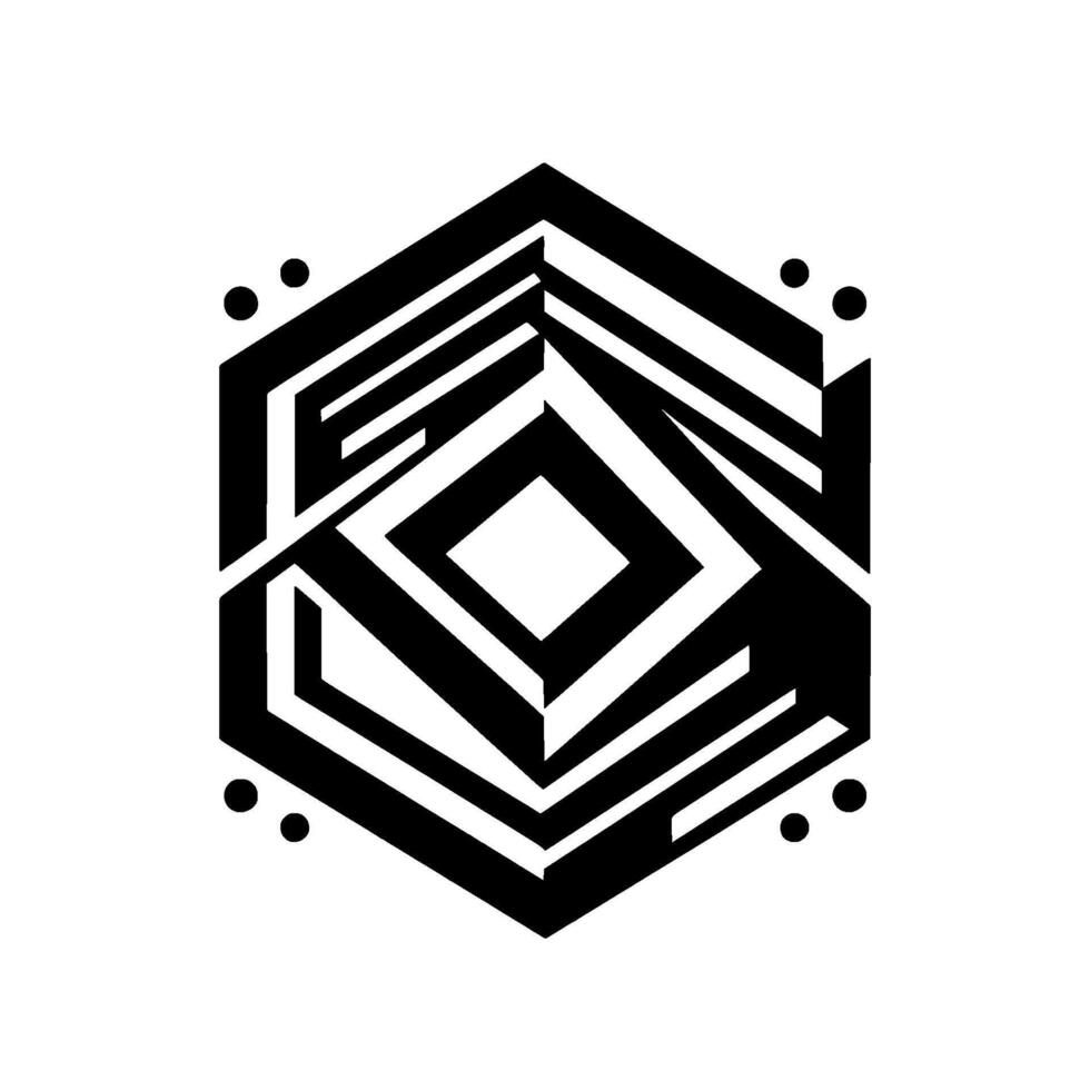 Geometric Black and White Hexagon with Diamond Center, Striped Details, and Dot Accents on Clean White Background. vector