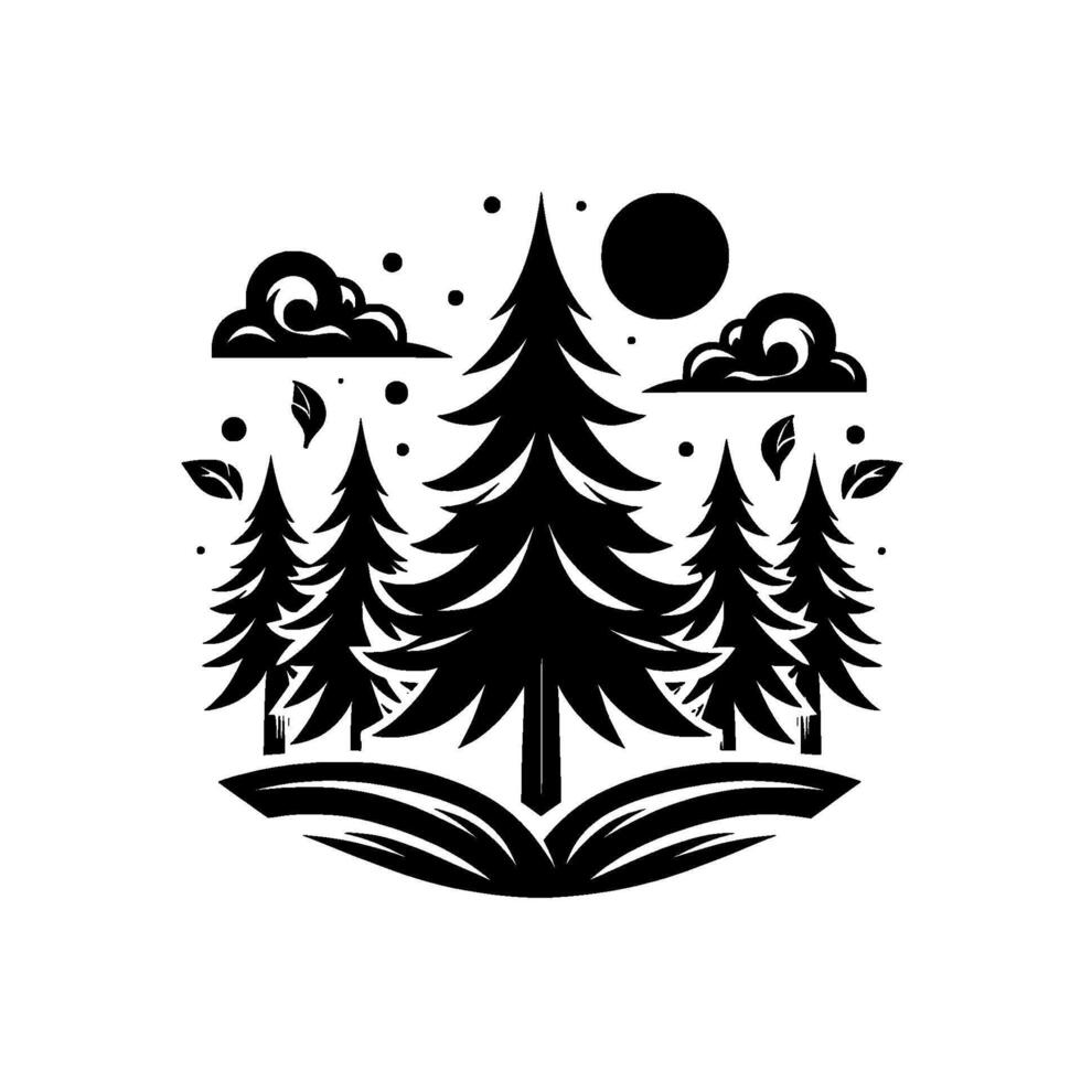 Stylized black and white illustration of trees and nature elements within an open book, evoking fantasy, and education. vector