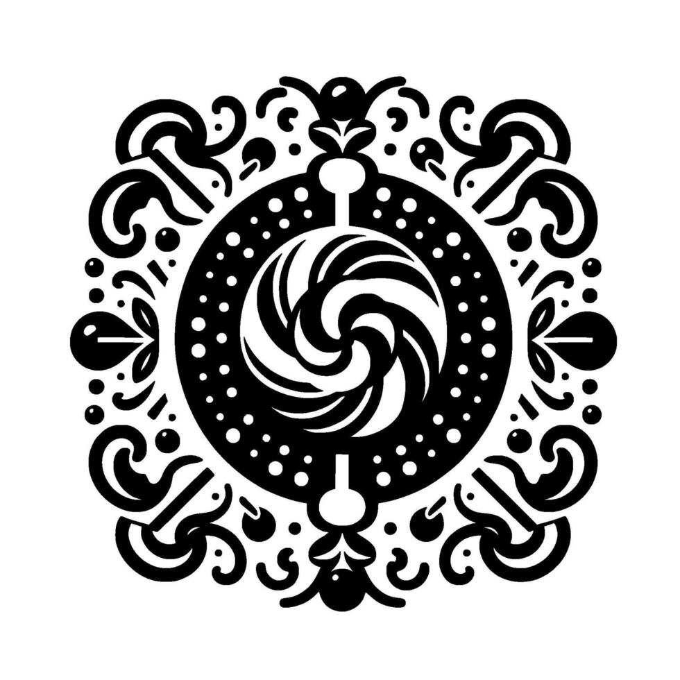 Intricate, symmetrical black and white mandalastyle featuring a central swirled form, surrounded by ornate floral and geometric elements. vector