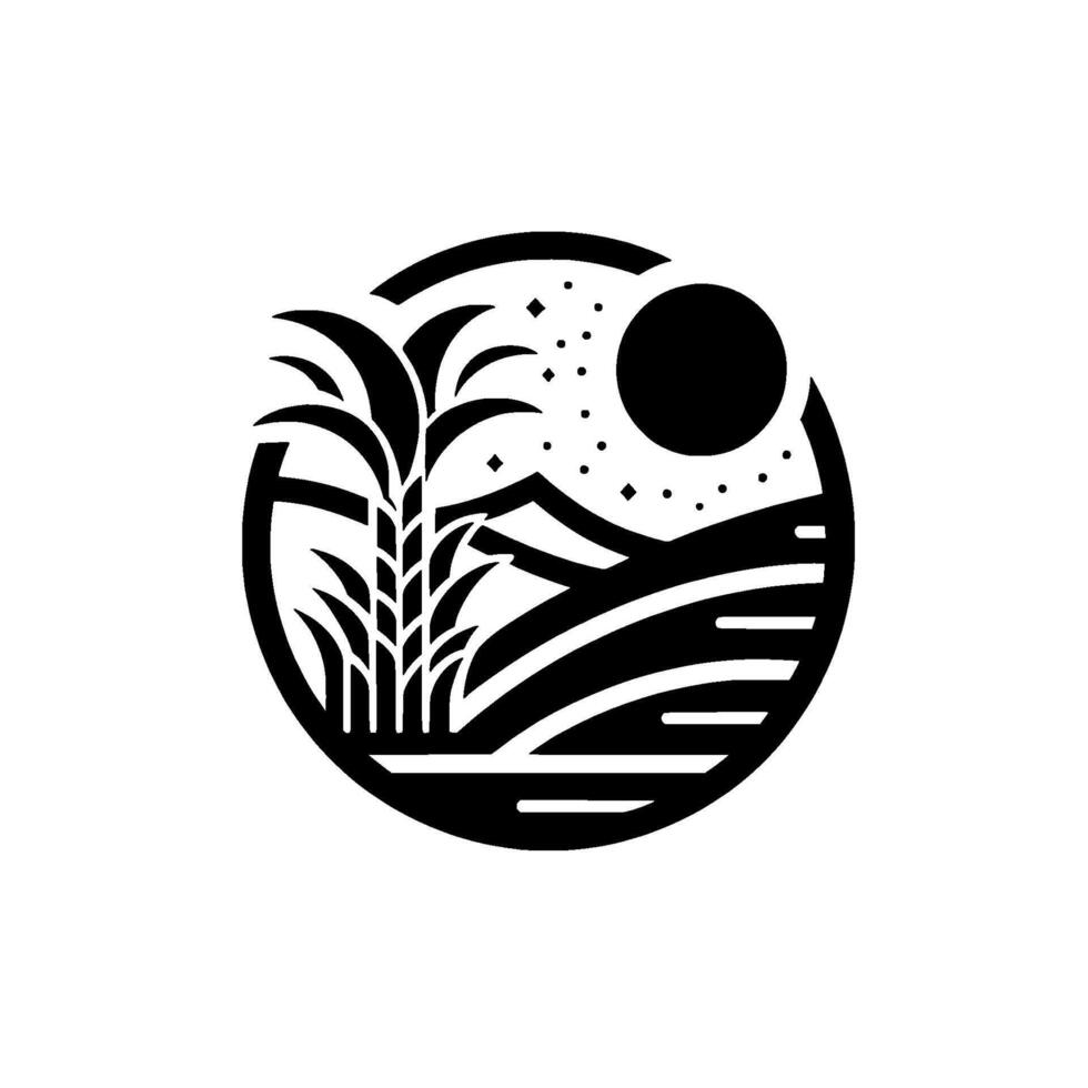 Stylized black and white circular landscape scene with sugarcane, sun, mountains, and stars, minimalist . vector