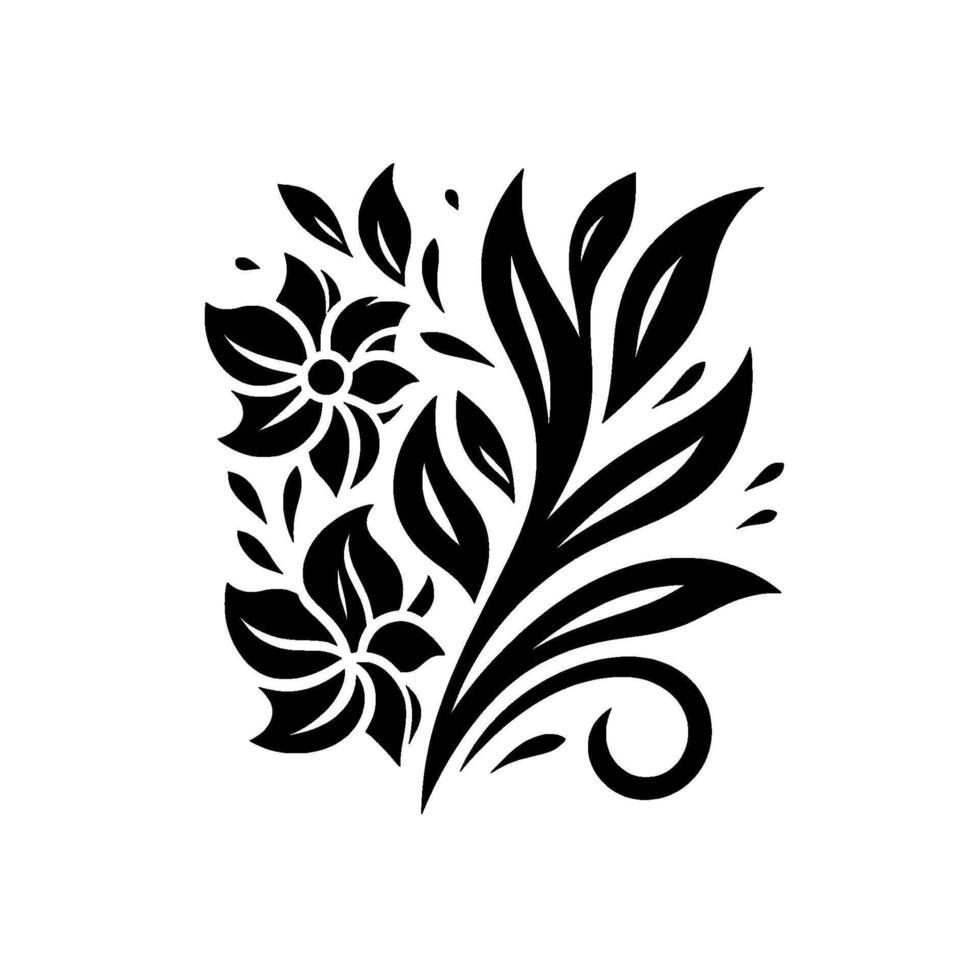 Elegant Black and White Floral Pattern Stylized Blooming Flowers, Leaves, and Decorative Swirls, Minimalist . vector