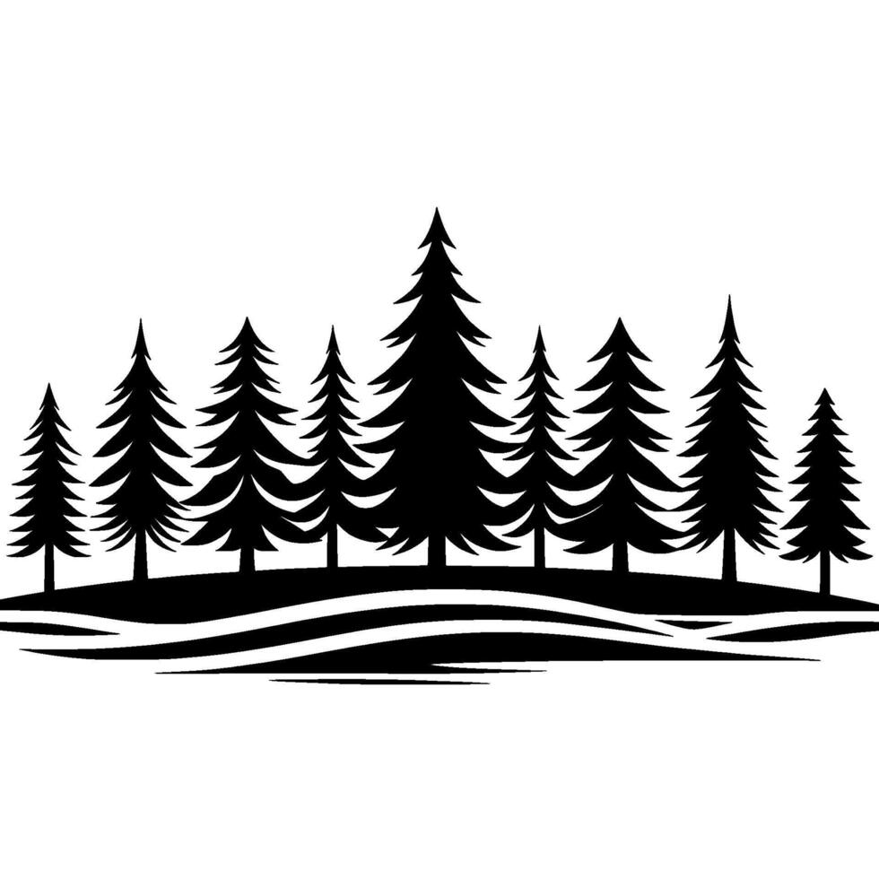 Silhouette of a dense forest of fir trees atop rolling hills, rendered in black and white, minimalist nature illustration. vector