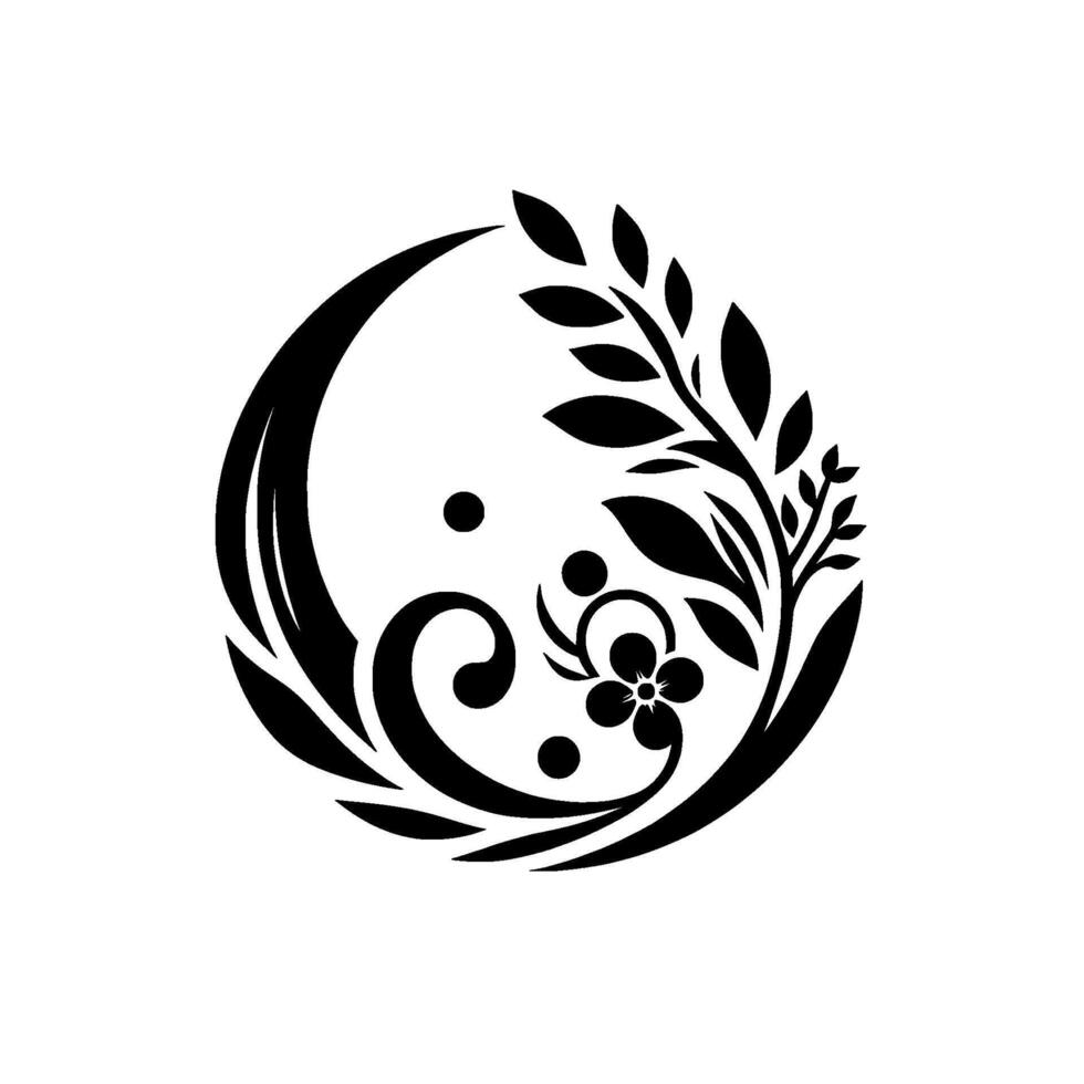 Circular Black and White Floral Emblem with Leaves, Swirls, Dots and Flower Against a White Backdrop vector