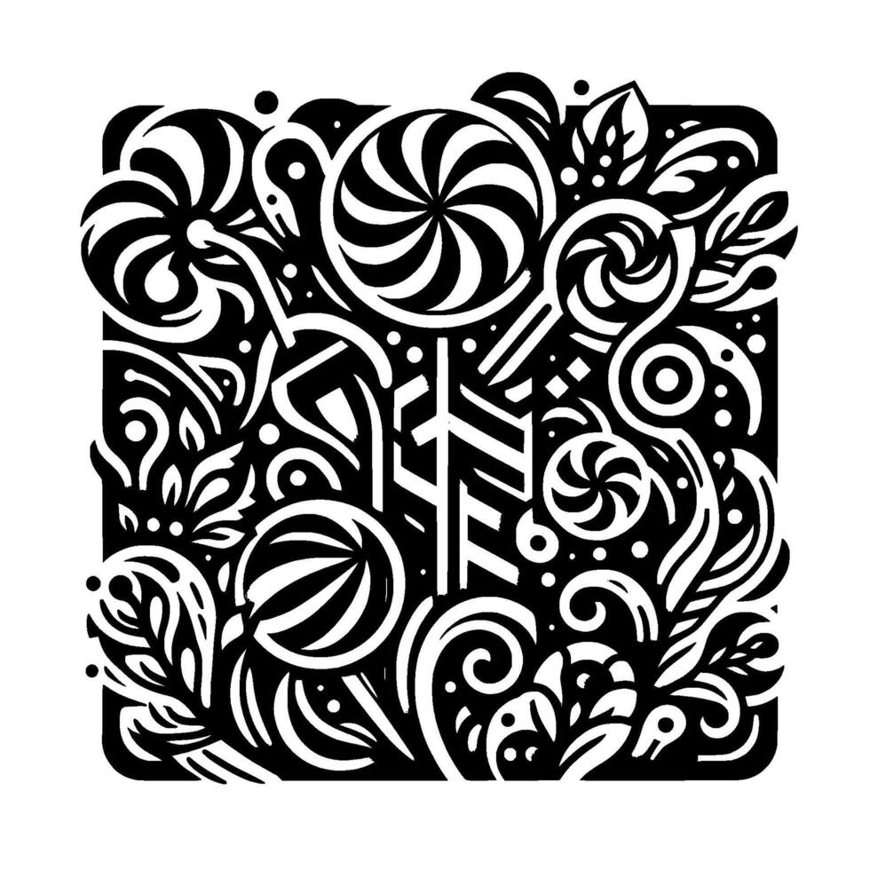 Black and White Abstract Composition Lollipops and Floral Elements in a Decorative Square Frame. vector