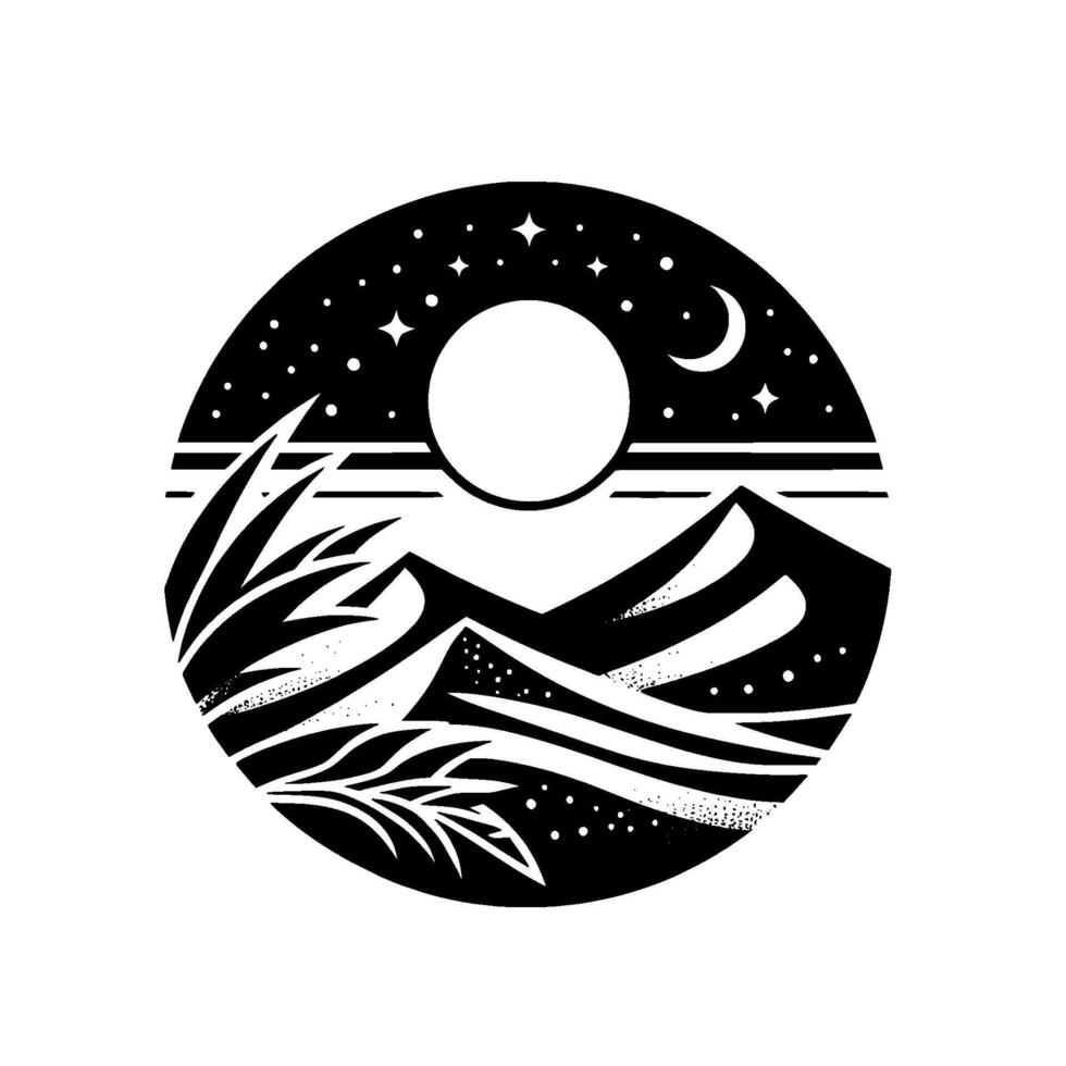 Black and White Circular Illustration of a Night Landscape Featuring Mountains, Crescent Moon, Stars, Moon, and Foliage. vector