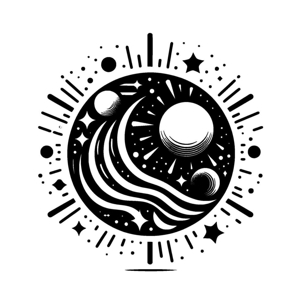 Celestial Circle A monochrome cosmic featuring stylized planets, stars, waves, and radiating lines, evoking a sense of space and mystery. vector