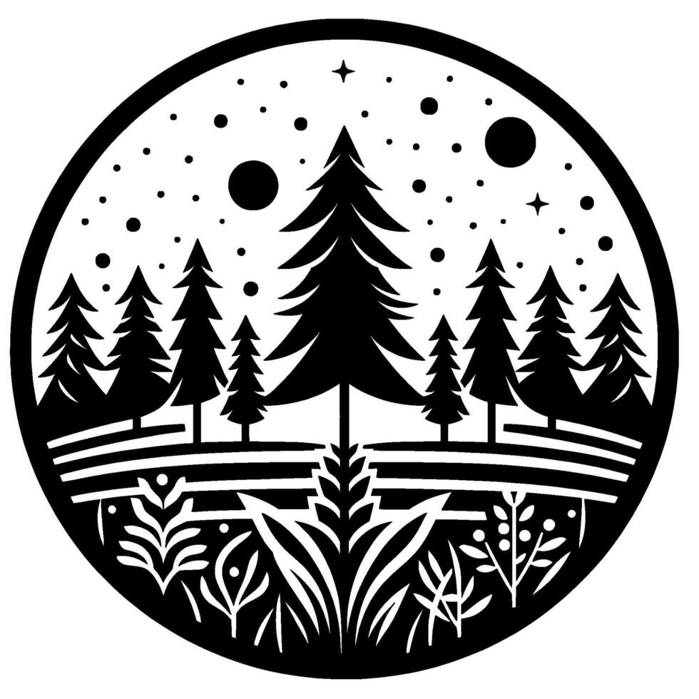Monochrome circular illustration depicting a stylized forest scene under a starry night sky, evoking tranquility and natures beauty. vector