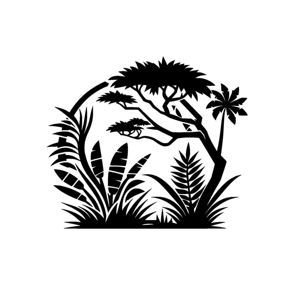 Black Silhouette of Lush Tropical Landscape, Featuring Trees, Grass, Palm and Foliage, Within a Circular Frame on White vector