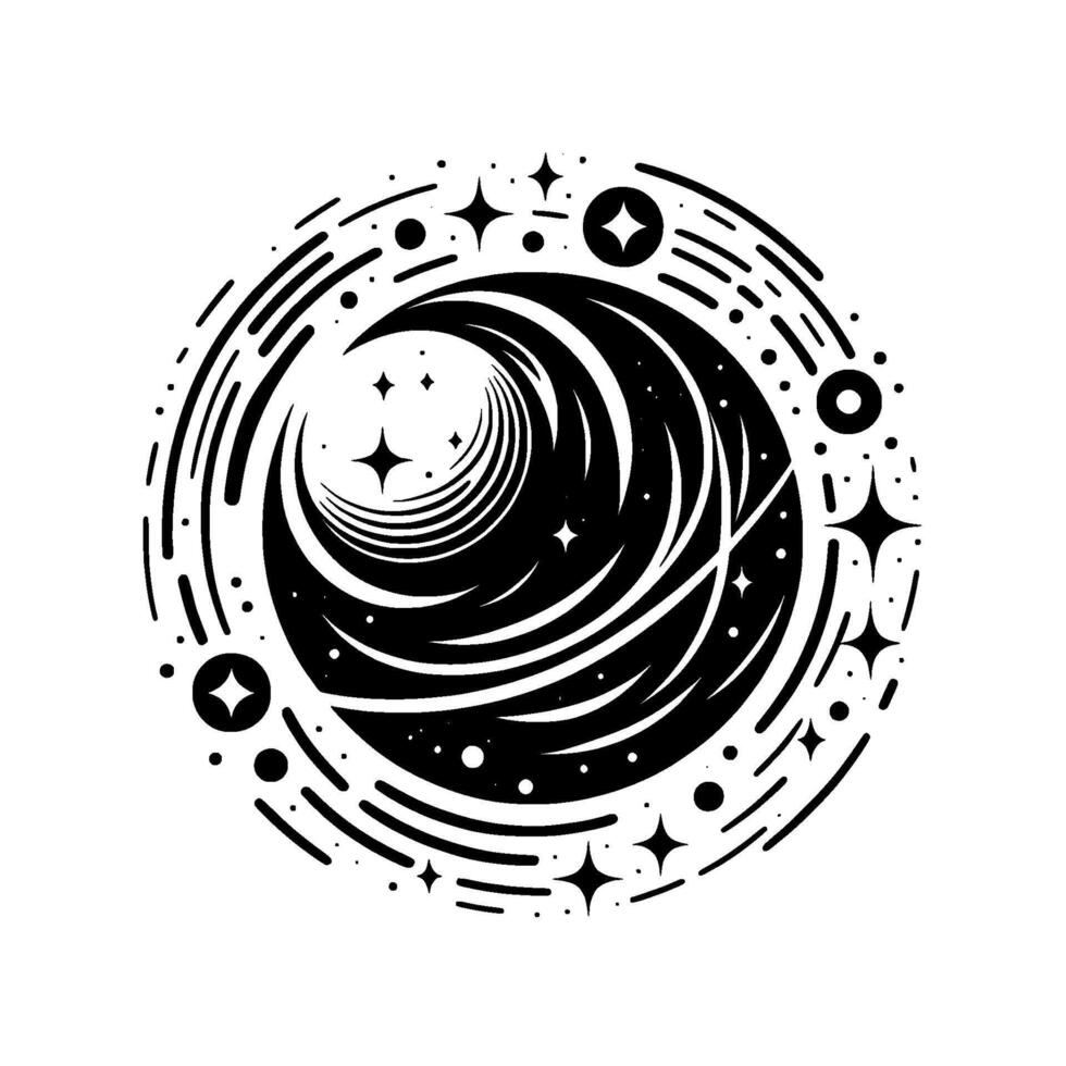 Abstract Celestial Vortex A Black and White Circular with Swirling Lines, Stars, and Dots, Suggesting Cosmic Energy and Mysticism. vector