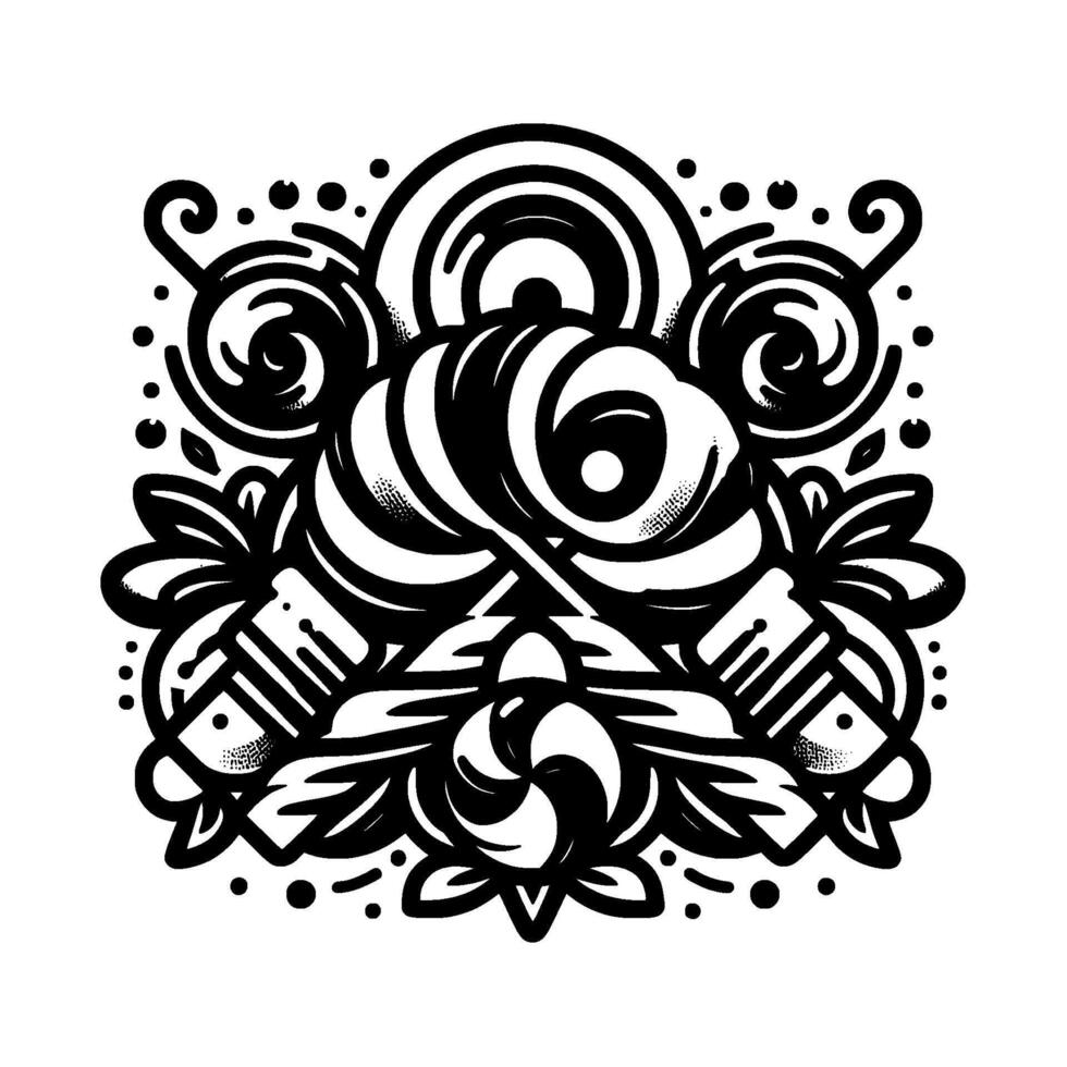 Ornate Black and White Illustration Featuring Lollipops, Sweets, Swirls, and Floral Elements in a Symmetrical . vector