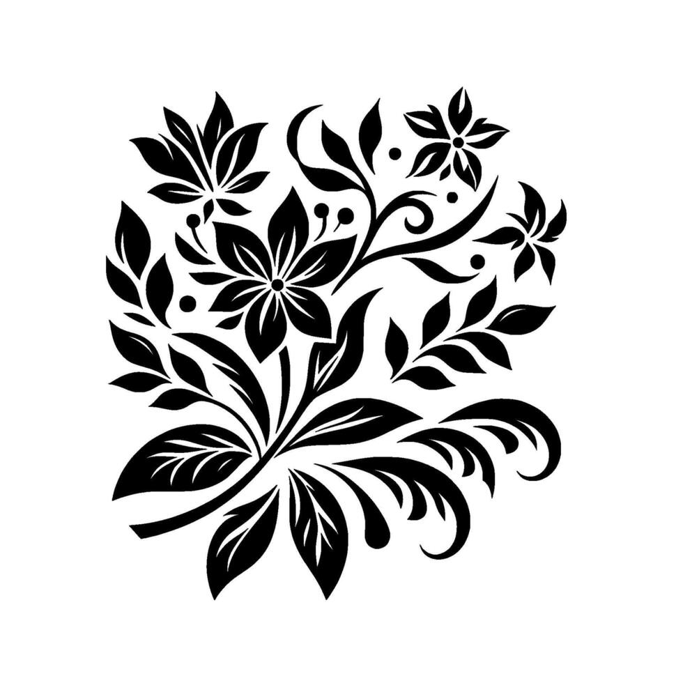 Intricate Black Floral Ornament on White A symmetrical, minimalist featuring stylized flowers, leaves, and vines, showcasing elegant simplicity. vector