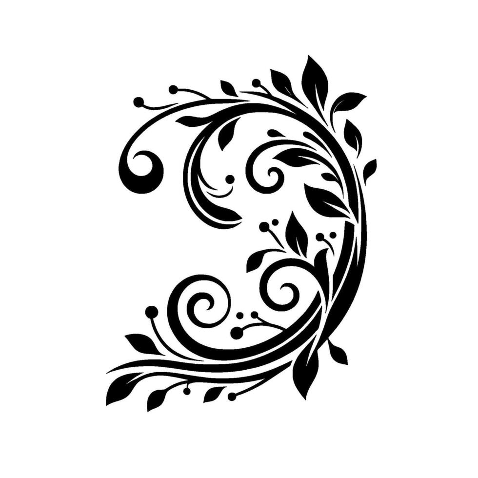 Elegant, Black Floral Swirl Pattern on White Background Featuring Leaves, Berries, and Curlicues, Creating a Decorative . vector