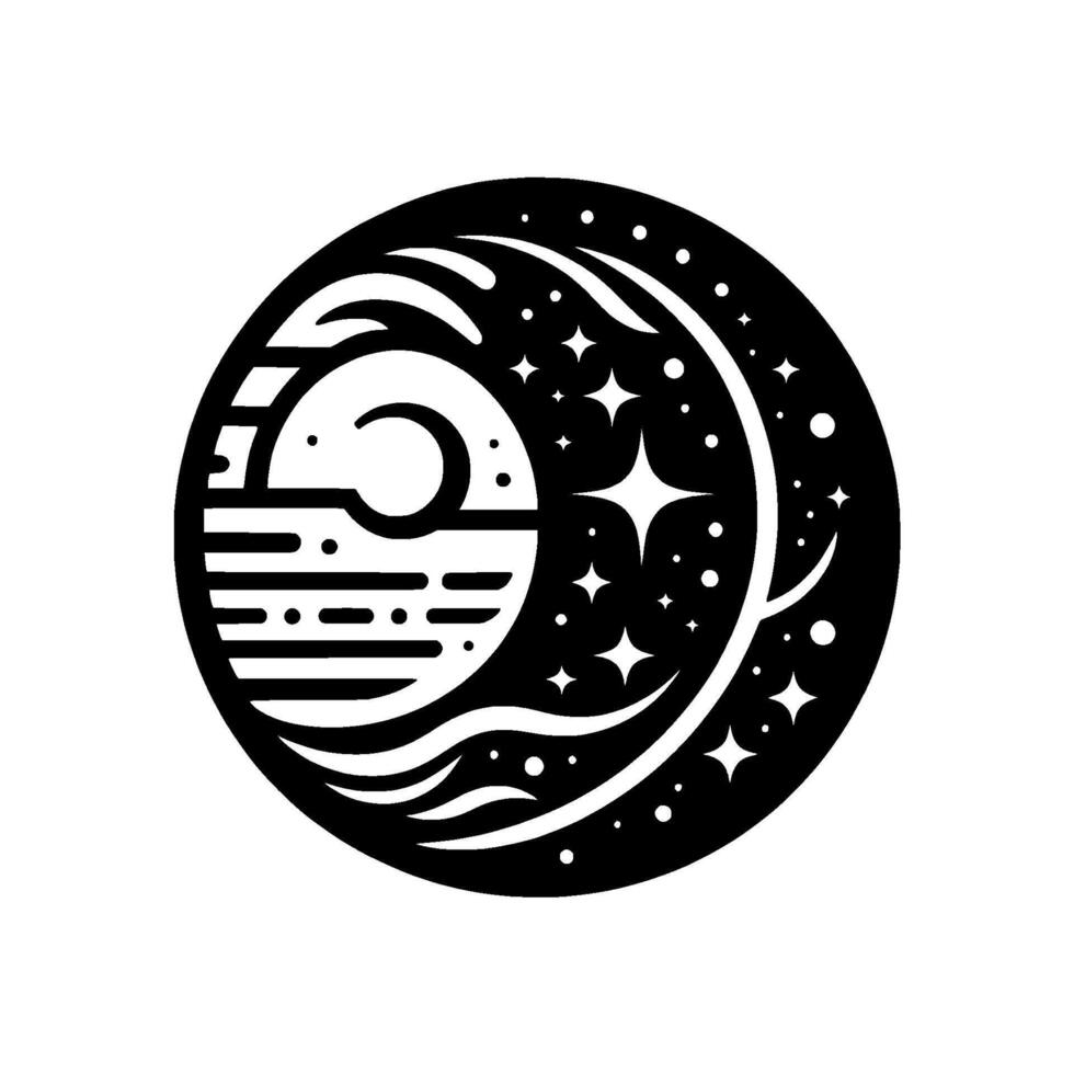 A stylized black and white in a circular shape. It depicts a Death Star next to a crescent moon against a starry background. vector
