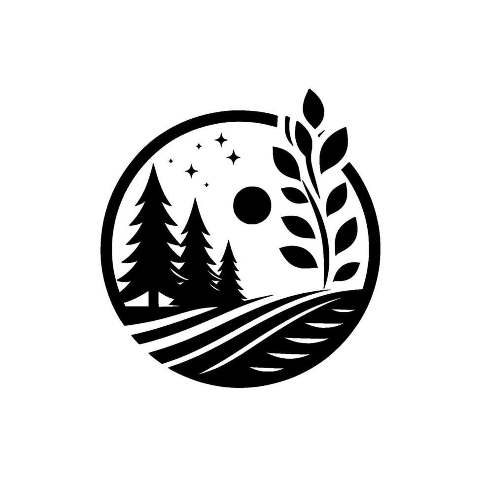 Stylized black and white featuring a nighttime landscape inside a circle, showcasing silhouetted trees, fields, a branch, moon and stars. vector