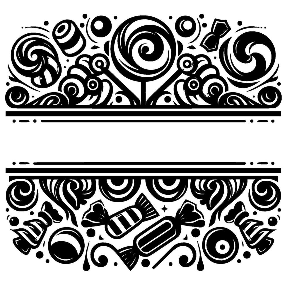 Intricate Black White Sweet Treats Border Featuring Lollipops, Candies, and Decorative Swirls for Custom Text. vector