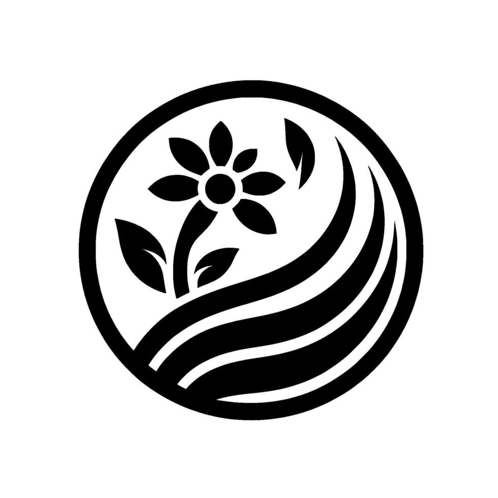 A minimalist black and white floral emblem a stylized flower with leaves and flowing lines within a circular frame, evoking nature and serenity. vector