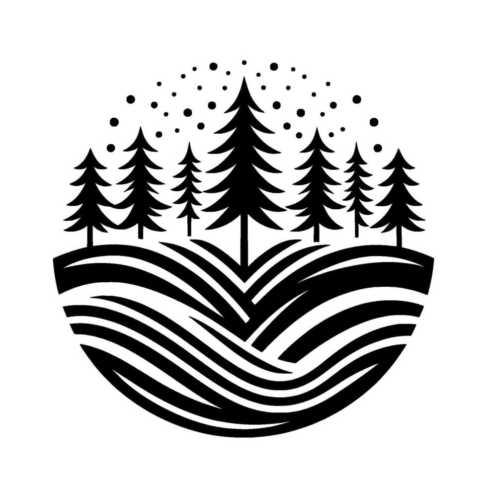 Black and White Minimalist Landscape Serene Evergreen Trees on Rolling Hills Under a Snowy Sky, Circular . vector