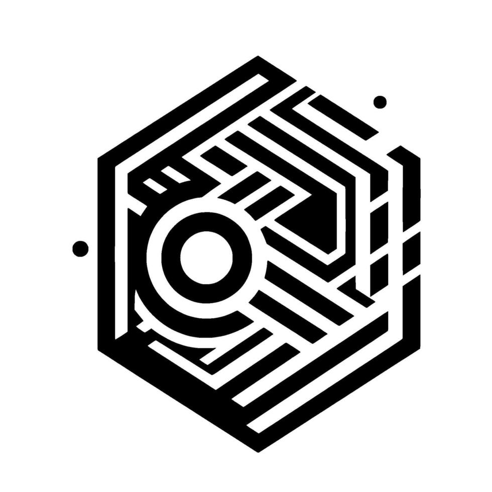 A geometric black and white hexagonshaped featuring a central circular element within a complex mazelike pattern and minimalist dots. vector