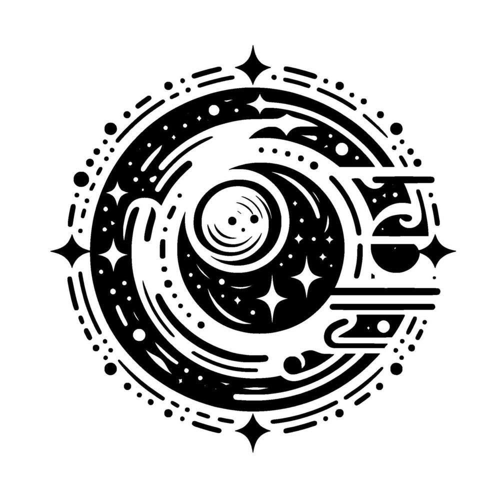 Celestial Mandala Black White Intricate of Stars, Moons, and Cosmic Elements in a Circular Composition. vector