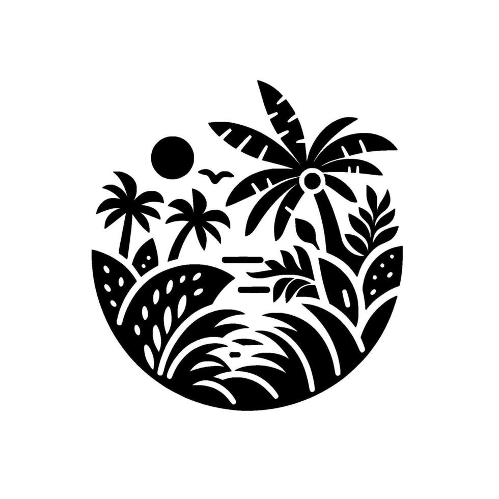 A stylized black and white circular illustration of a tropical island scene with palm trees, sun, sea, and vegetation. vector