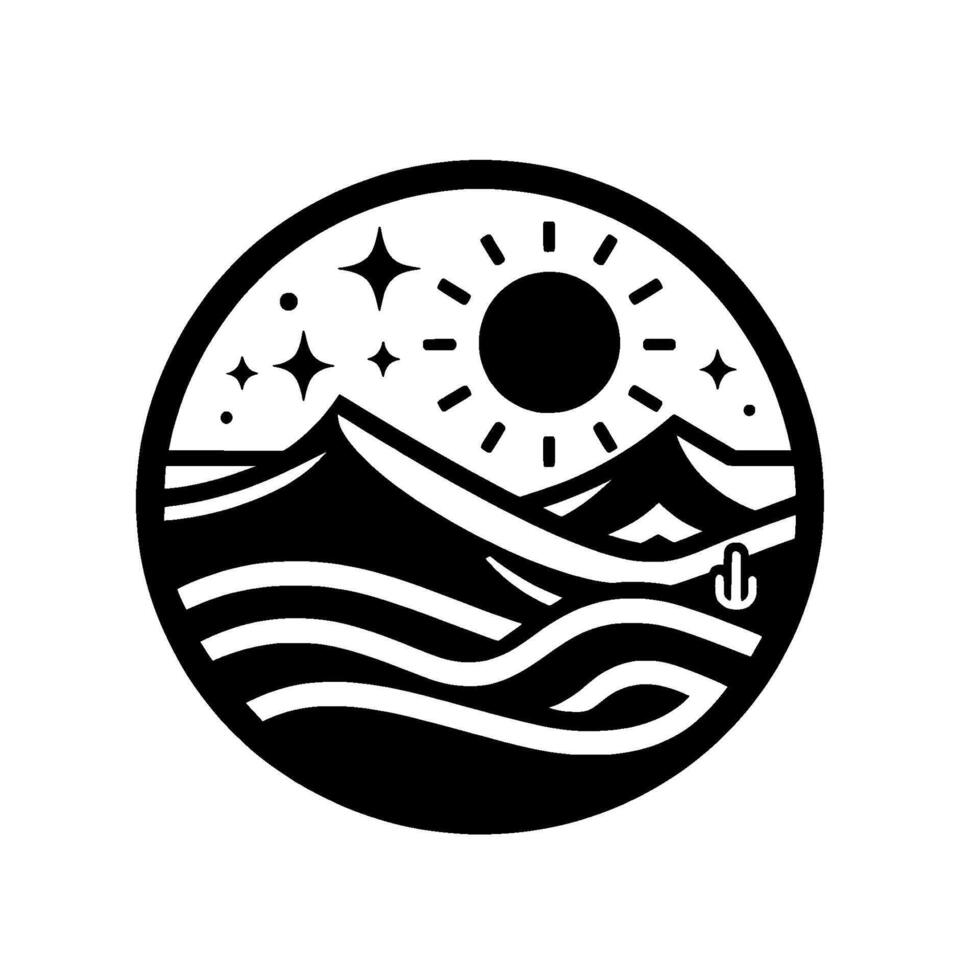 Minimalist Black White Circular Illustration Mountain Sunset with Stars, Cactus, and Wavy Landscape vector
