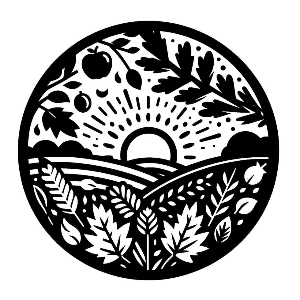 Black and White Circular Illustration Farm Field, Rising Sun, Apple Tree Branch, Floral and Leafy with a Minimalist Aesthetic. vector