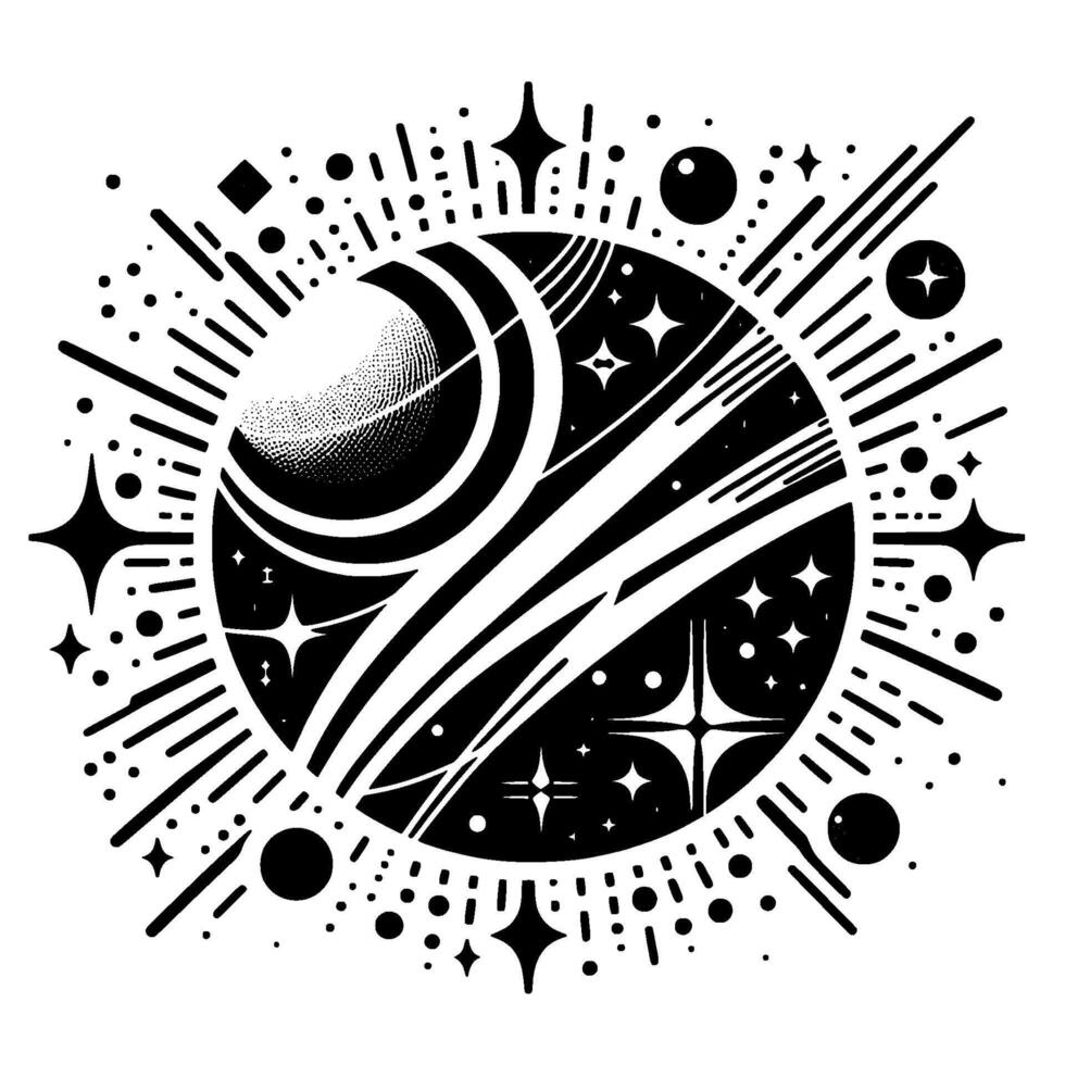 Bold black and white cosmic illustration depicting a planet, swirling bands, stars, and radiating lines against a stark white backdrop. vector