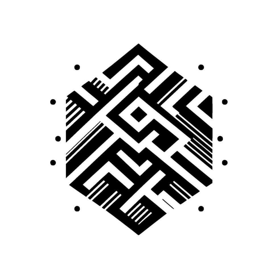 A monochromatic geometric composition featuring a hexagonal arrangement of a complex black and white mazelike with surrounding dots on a white background. vector