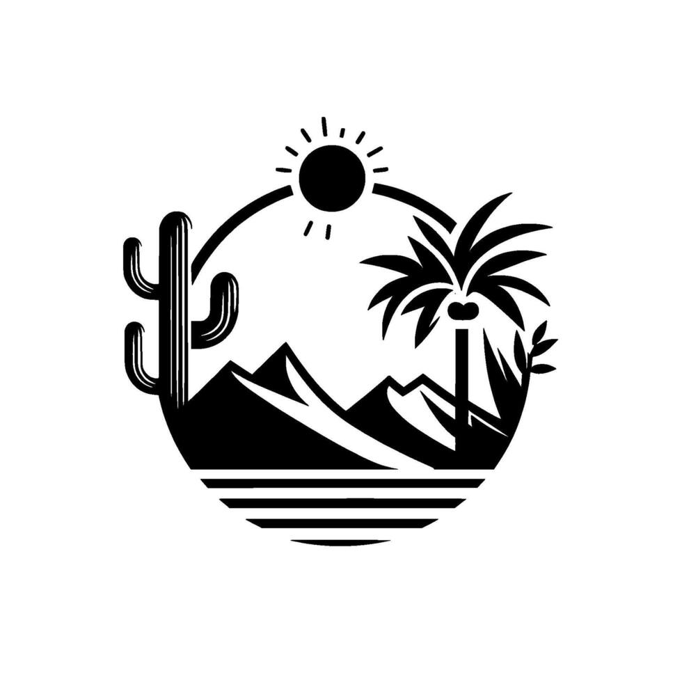 A black and white minimalist desert scene enclosed in a circle, featuring a cactus, palm tree, mountains, and sun. vector