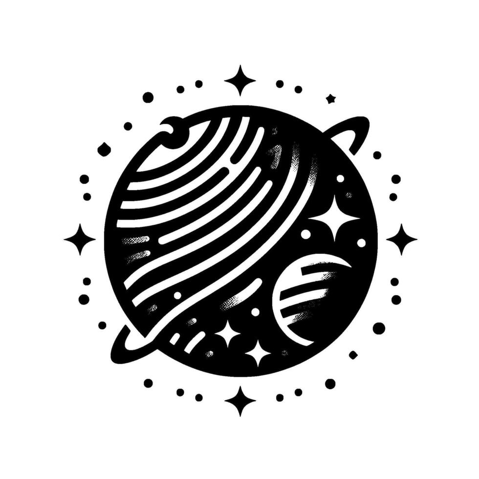 Black and white minimalist space illustration featuring a stylized planet with rings, smaller planet, stars, and dotted background, creating cosmic, clean aesthetic. vector