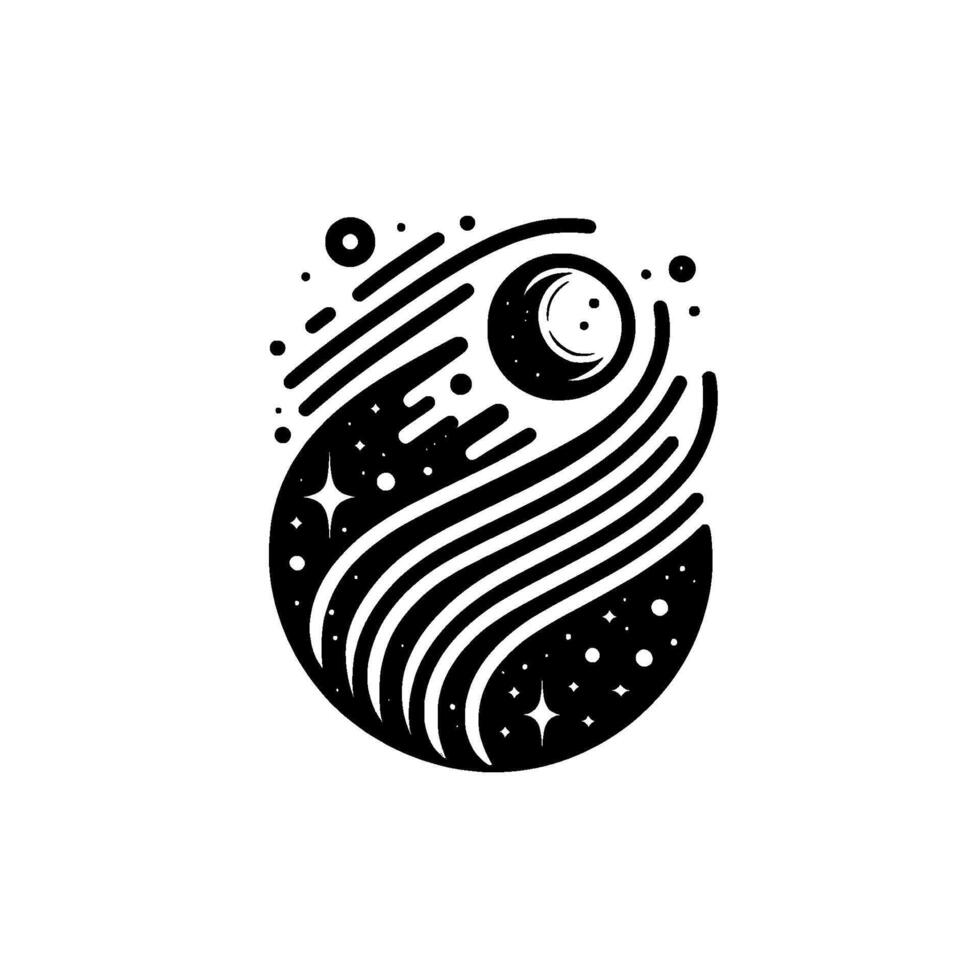 Abstract Black White Celestial Illustration Crescent Moon, Stars, Streamlines, and a Cosmic Egg Composition. vector