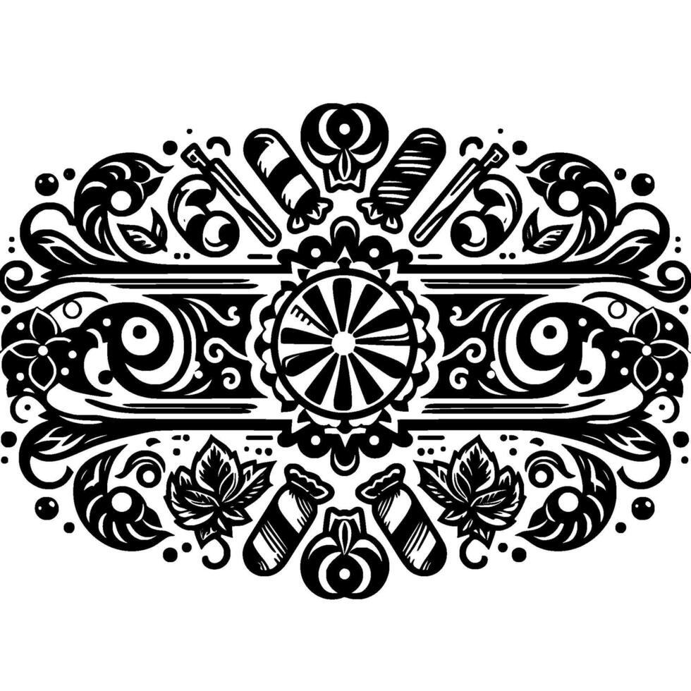 Ornate black and white symmetrical with stylized floral, geometric and foodrelated elements. vector