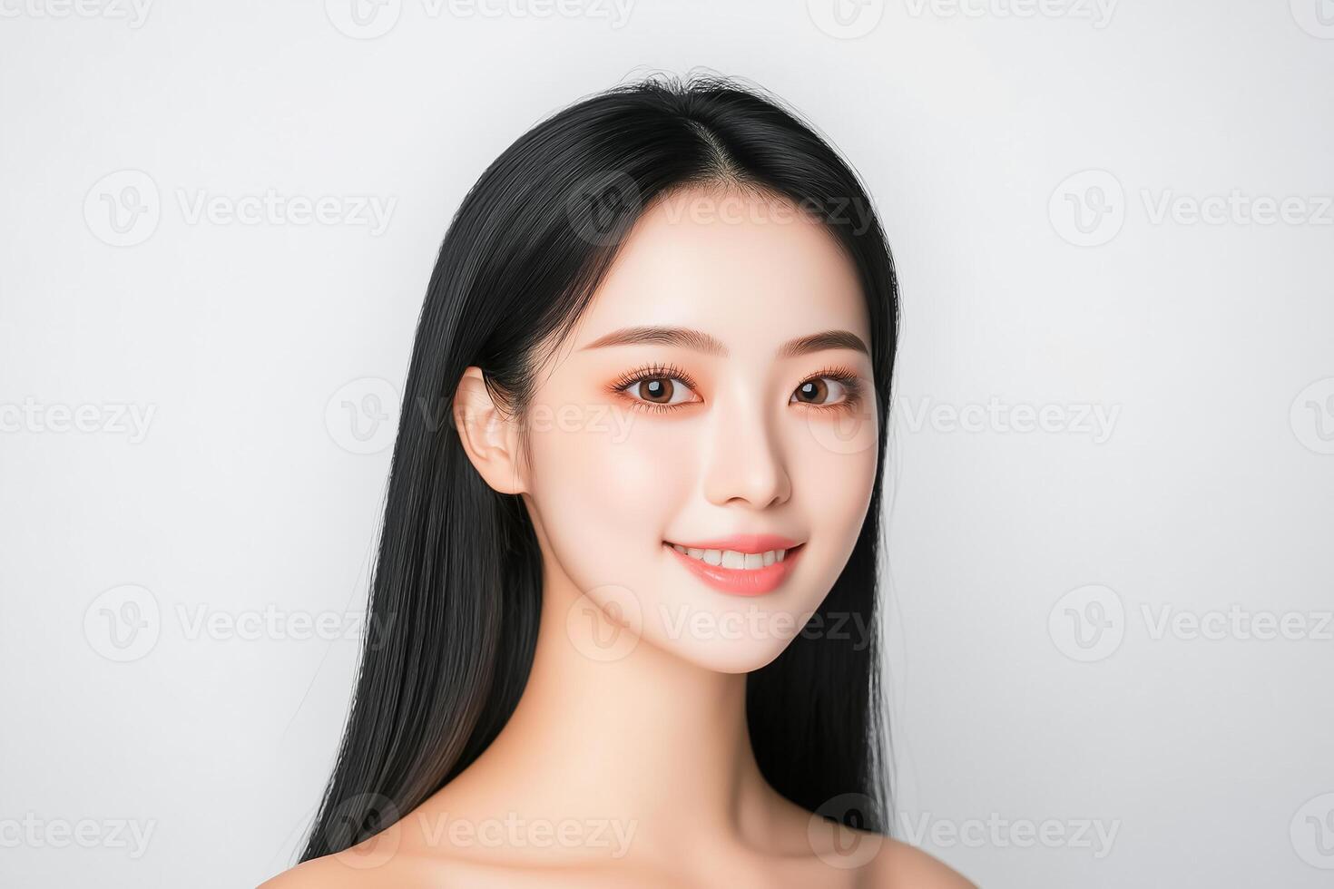 A woman with long black hair and a white background photo