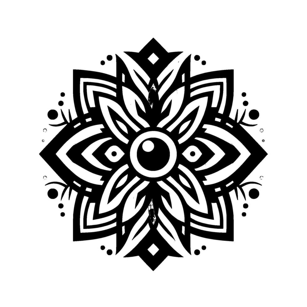 Symmetrical Black and White Mandala with Ocular Center, Geometric Petals, and Decorative Accents. vector