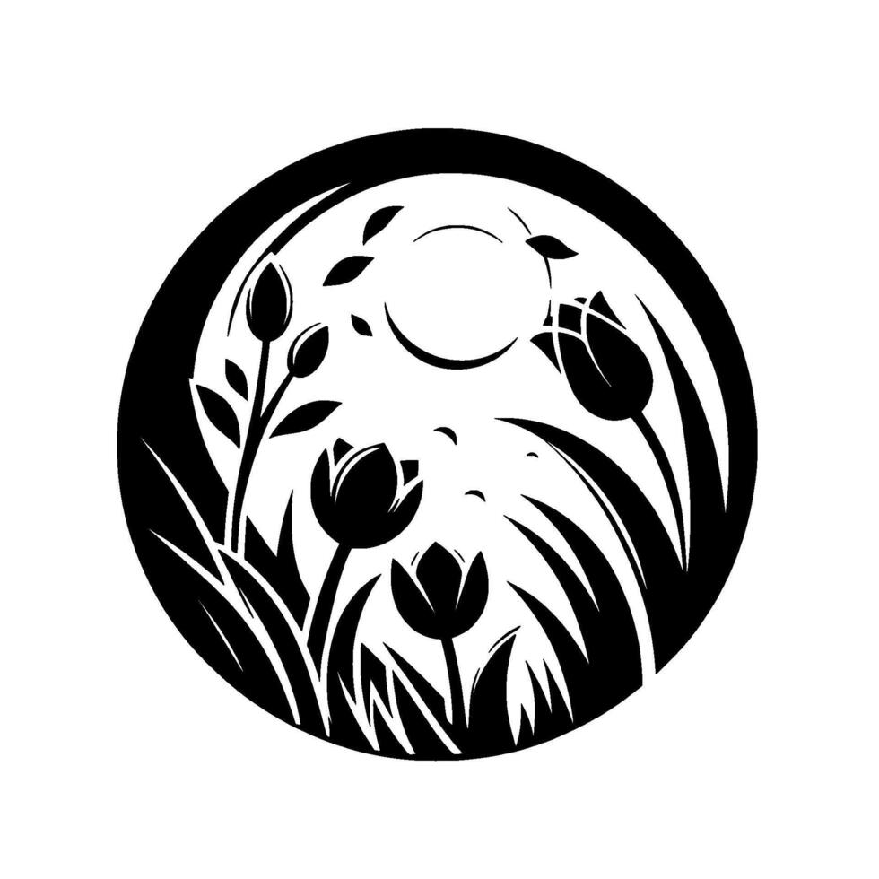 Black and White Floral Silhouette Within a Circle Tulips, Grass, and SunLike Shape, Simple and Elegant , Art. vector