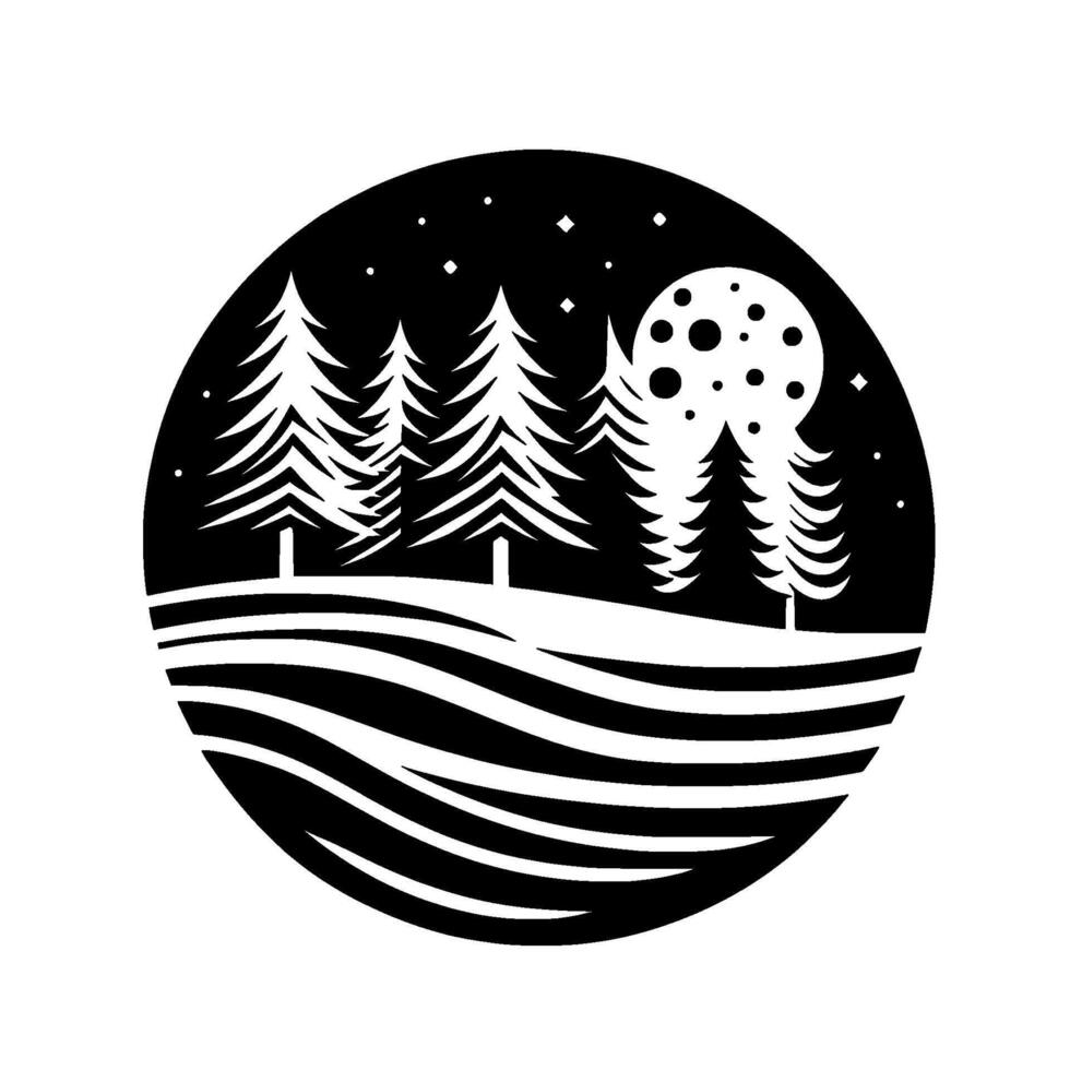 Black and white circular silhouette depicts a serene winter landscape pine trees, moon, stars, and undulating ground. vector