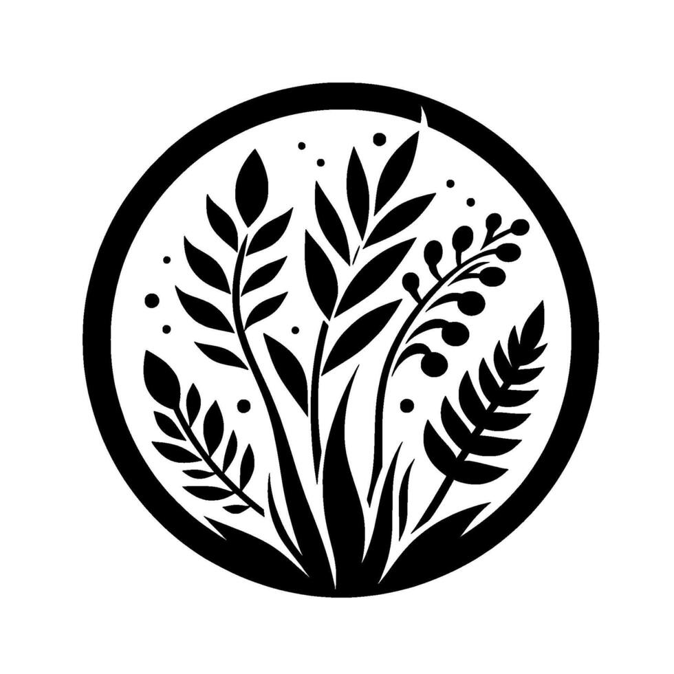 Elegant Black and White Botanical Circle Illustration Depicting Diverse Foliage, Berries, and Leaves, a Minimalist . vector