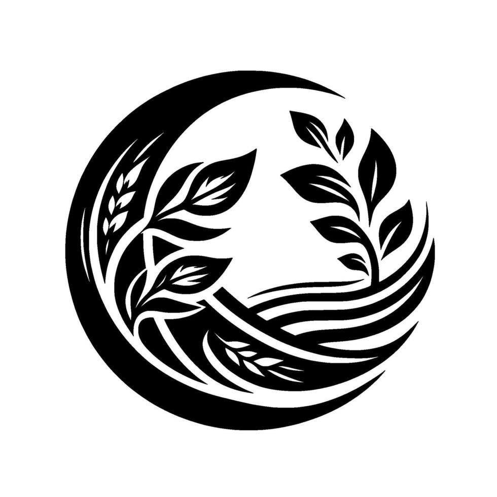Stylized Black and White Depicting Flourishing Plants Within a Circular Border, Symbolic of Growth and Natures Balance. vector