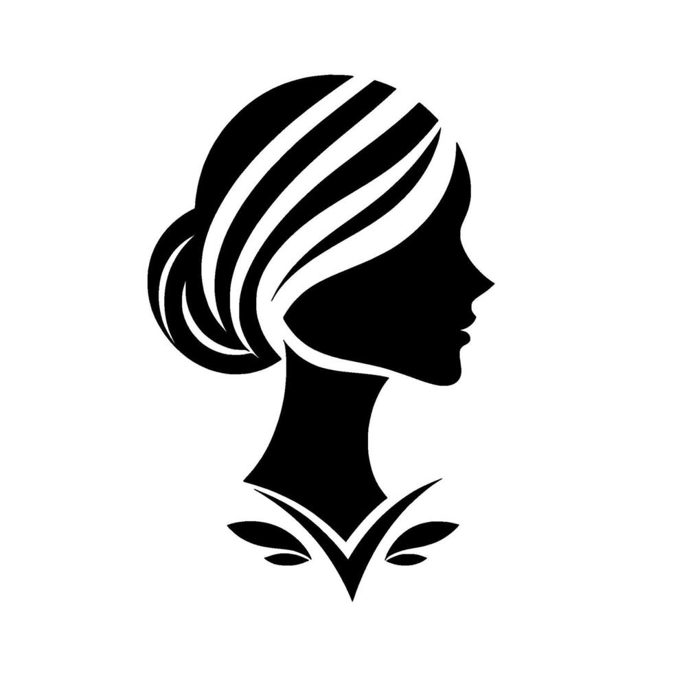 Elegant Black and White Silhouette of a Woman with Styled Hair, Decorative Details, and Floral Accents on White Background. vector