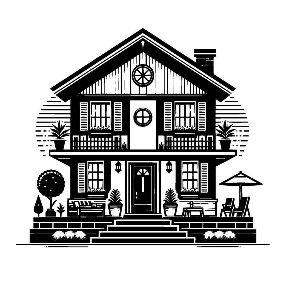 Detailed Black and White Illustration of a Traditional TwoStory House with Balcony, Porch, Garden and Umbrella. vector