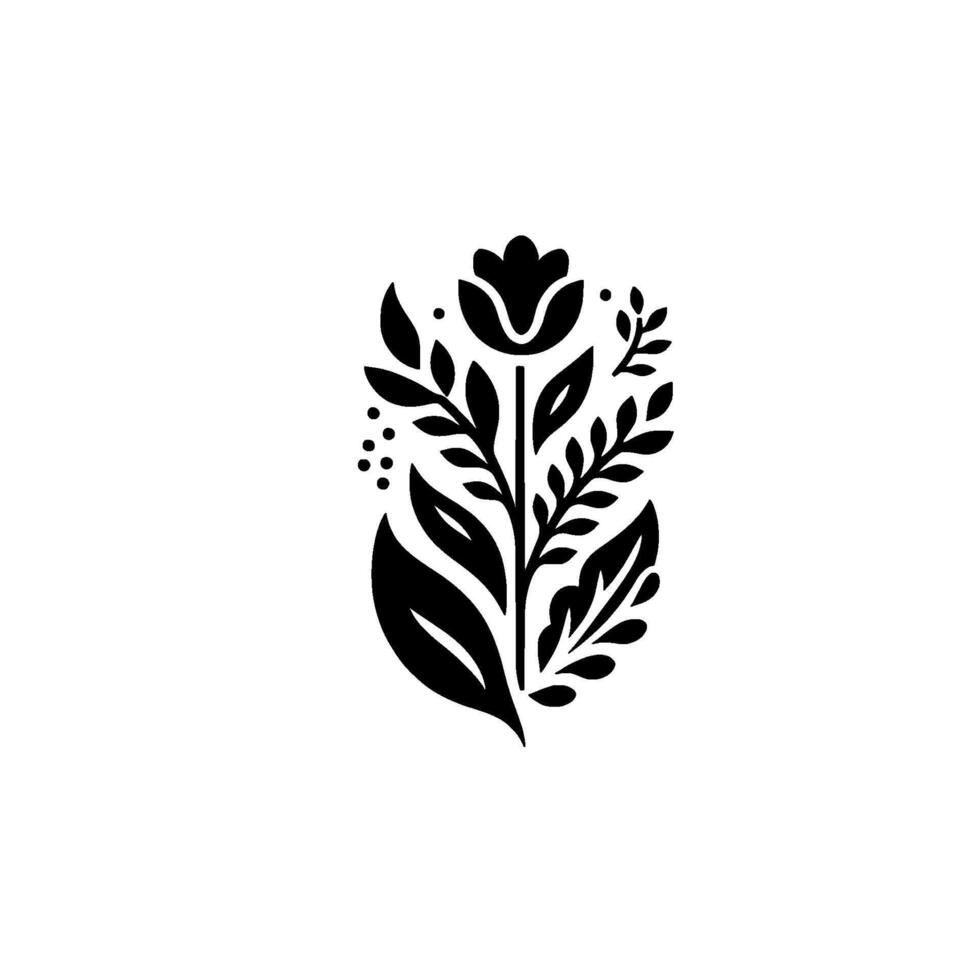 Minimalist Black Floral Illustration Symmetric of a Tuliplike Flower and Foliage on White Background. vector