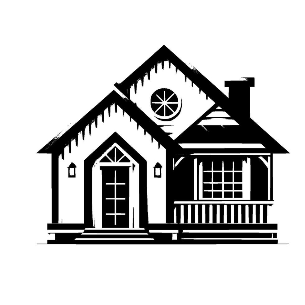 Minimalist Black and White Cottage Illustration, Front View, Gabled Roof, Porch, Geometric , Simple Aesthetic vector