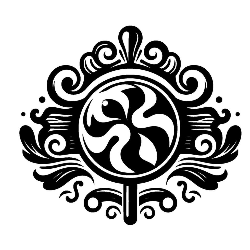 Intricate Black and White Ornament featuring Swirl Pattern with Detailed Flourishes and Floral Accents, a Symmetric Emblem. vector