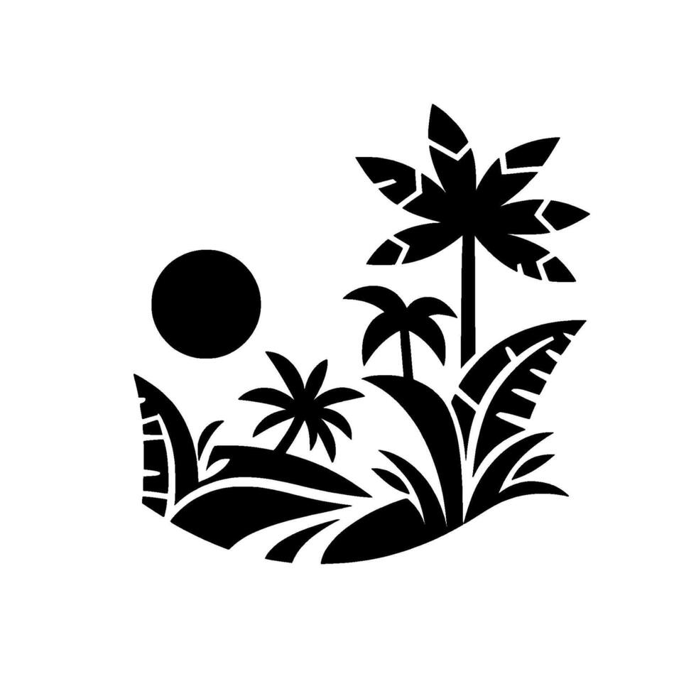 Stylized Black Silhouette of Tropical Island Scene with Palm Trees, Sun, and Lush Foliage on a White Background. vector