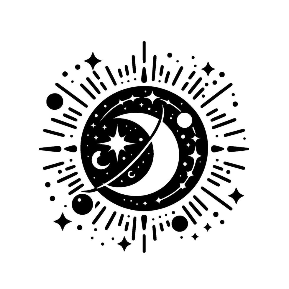 Celestial Monochrome A circular illustration showcasing a crescent moon, stars, planets, and radiant bursts within a cosmosthemed on a white background. vector