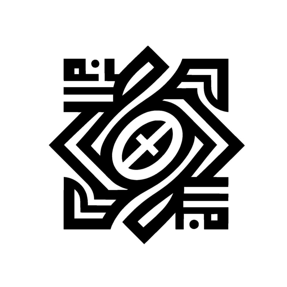 Geometric Black and White Interlocking Star Pattern with Oval Cross Symbol Centered within a Square Composition vector